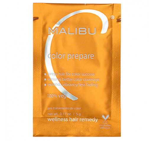 Hair color prepare sachet, gold foil packet with MALIBU and Color prepare text