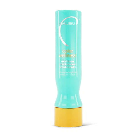 Malibu C color wellness conditioner bottle, teal with white text and yellow cap