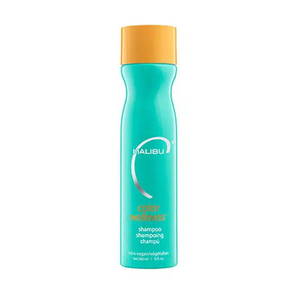 Malibu C shampoo bottle with teal body and yellow cap, Color Wellness, 266 ml