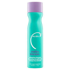 Malibu malibu blondes enhancing shampoo bottle, teal body and purple cap
