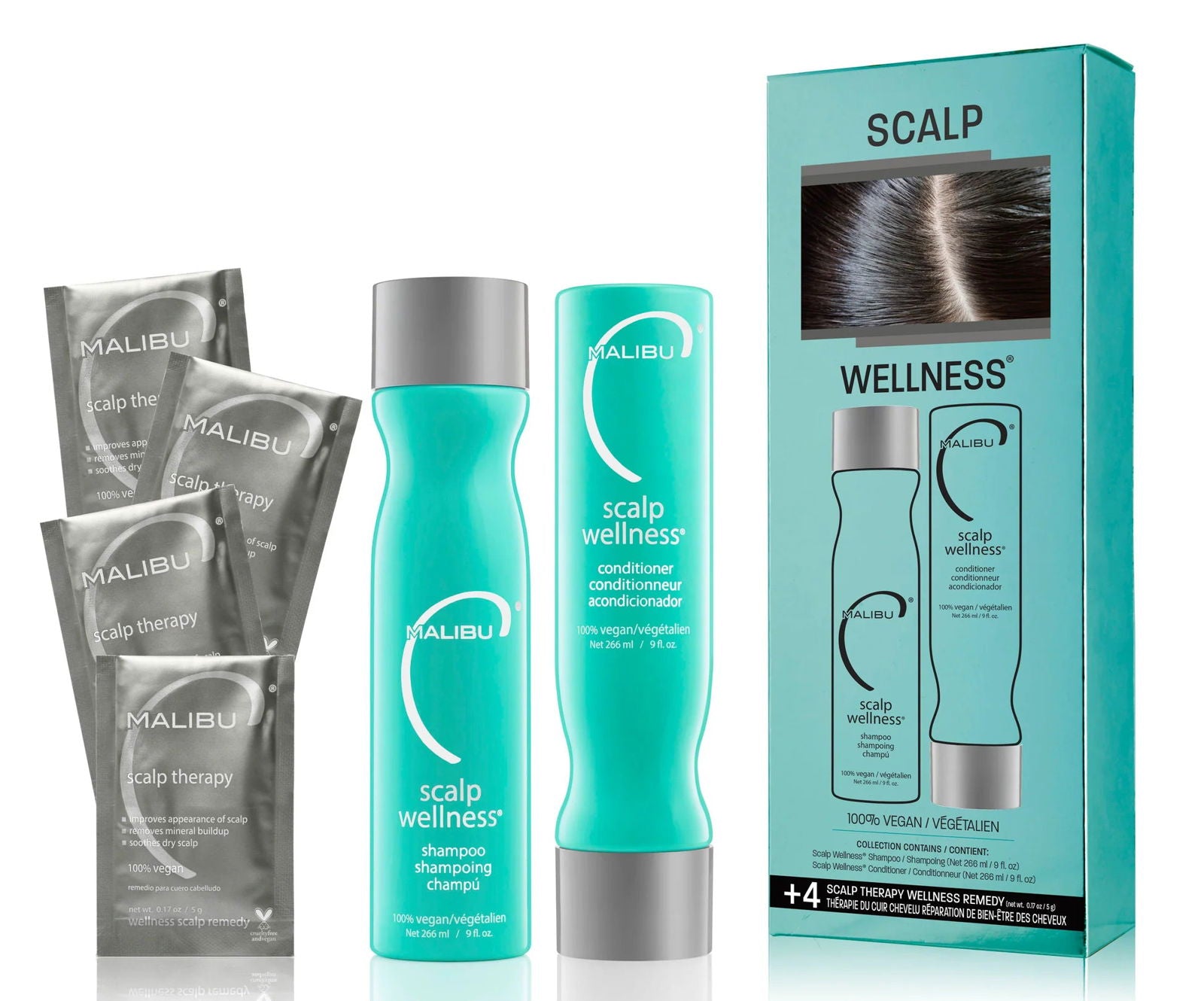 Scalp wellness collection kit with teal bottle and scalp therapy packets