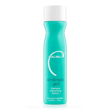Malibu Un-Do-Goo pH 9 shampoo bottle, turquoise with white cap
