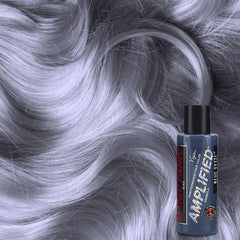 Hair dye bottle with blue steel shade, shown on light silver hair