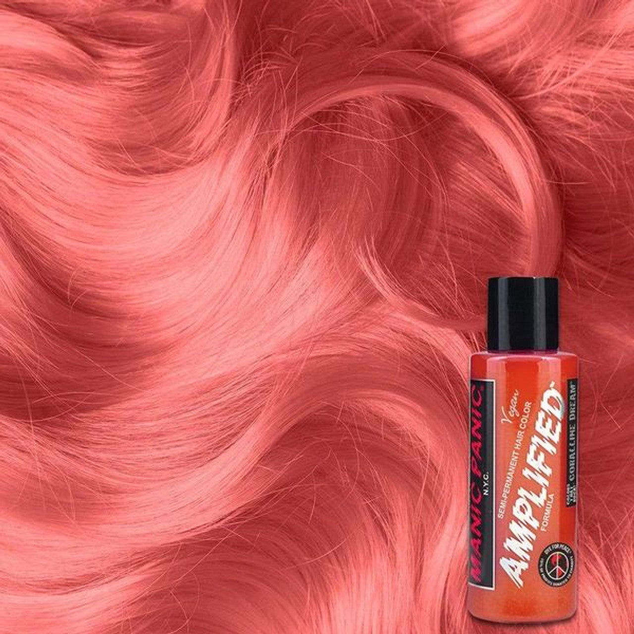 Coral orange hair dye bottle with black cap, for hair coloring