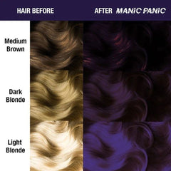 Hair color swatch showing deep purple waves on hair