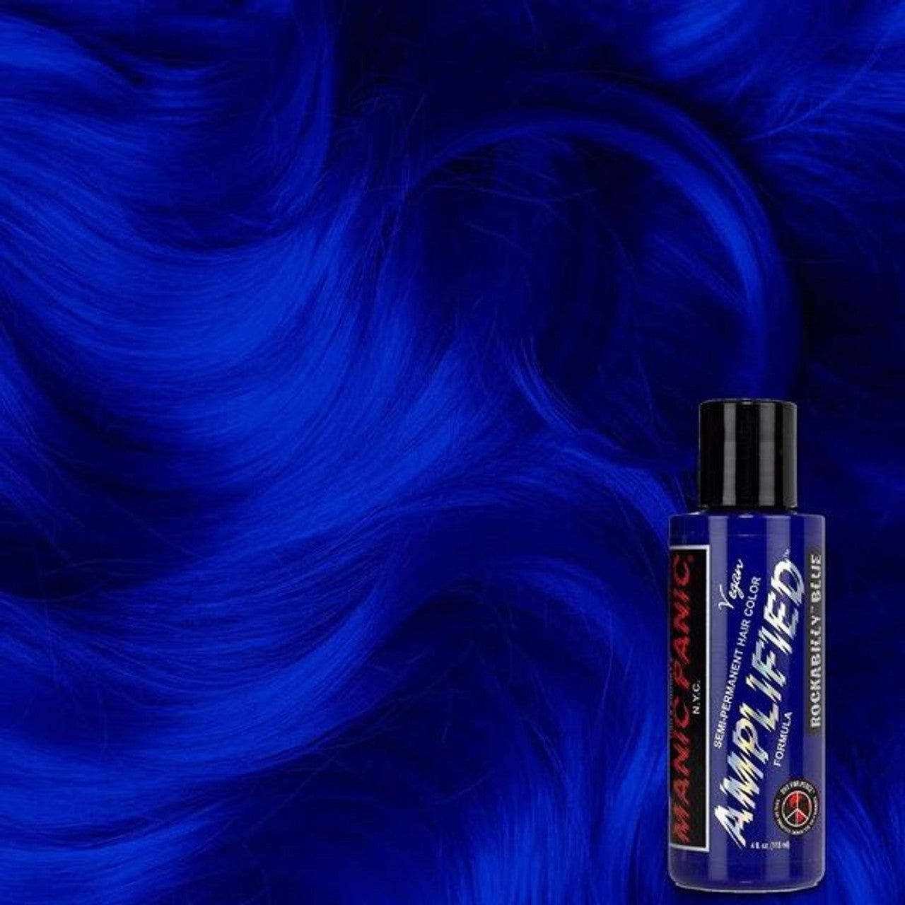 Manic Panic amplified hair dye bottle in Rockabilly Blue, with black cap.