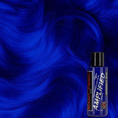 Manic Panic amplified hair dye bottle in Rockabilly Blue, with black cap.