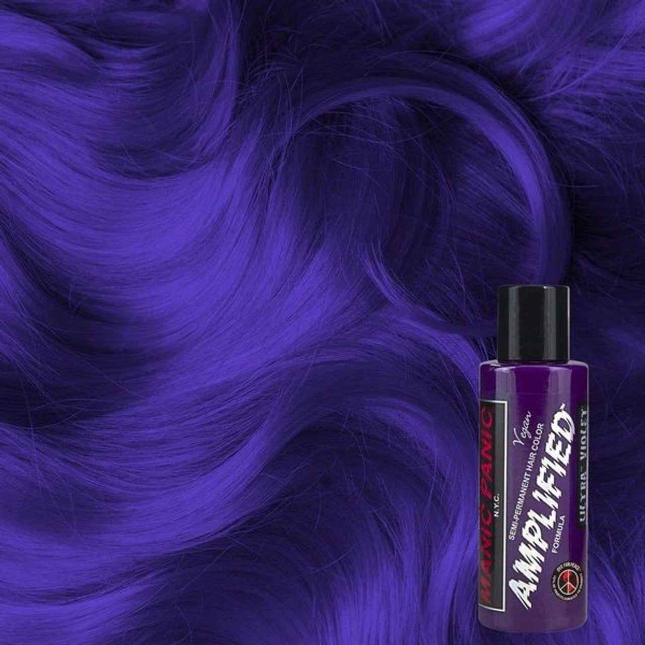Manic Panic Amplified hair dye bottle in Ultra Violet, purple liquid