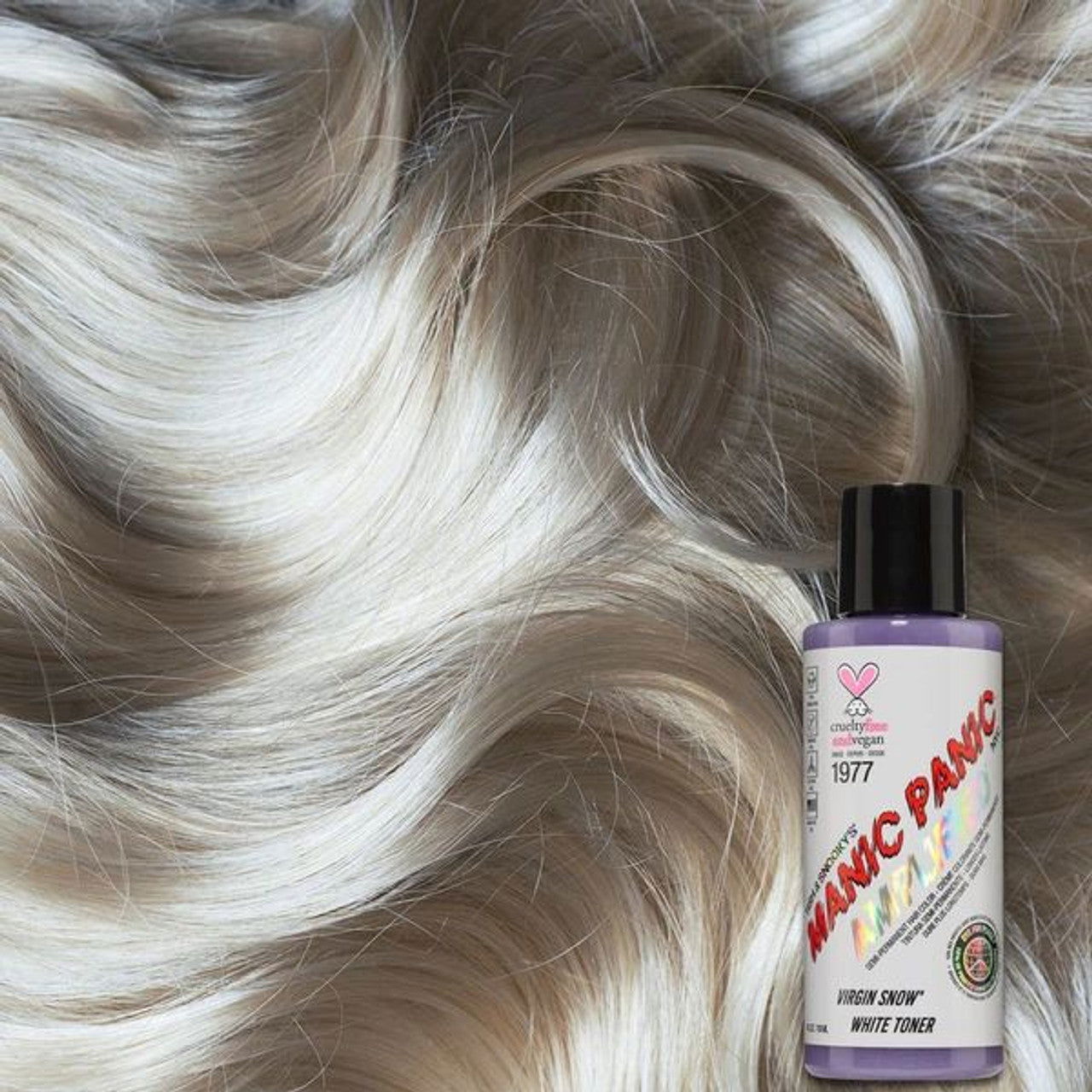 Manic Panic hair dye bottle in Virgin Snow shade, on light blonde hair.
