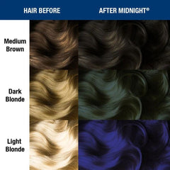 Hair dye color results: dark and blonde hair shown with dark blue tint after use