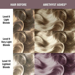 Amethyst Ashes hair dye swatch chart on light blond hair levels 8–10
