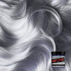 Manic Panic Blue Steel hair dye jar with silver-blue hair swirls