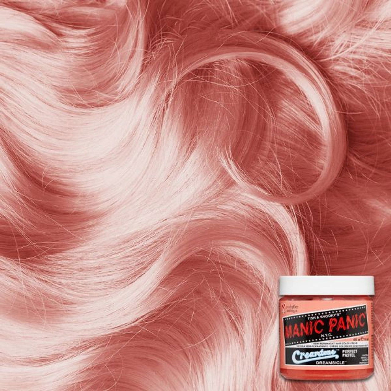 Hair dye cream jar with coral pink hair swirls
