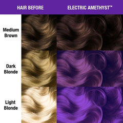 Hair color chart showing blonde and brown hair dyed electric amethyst purple.