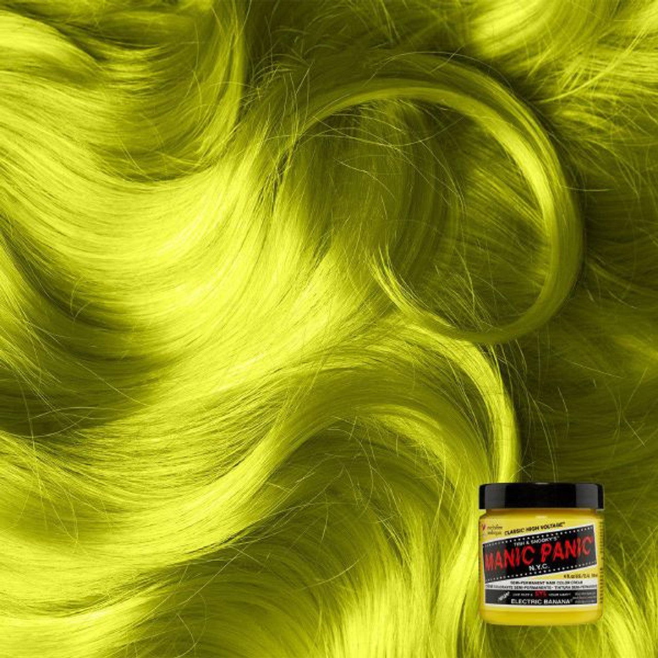 Manic Panic electric banana hair dye jar with neon lime green hair