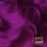 Hair dye jar with bright fuchsia-purple color swatches