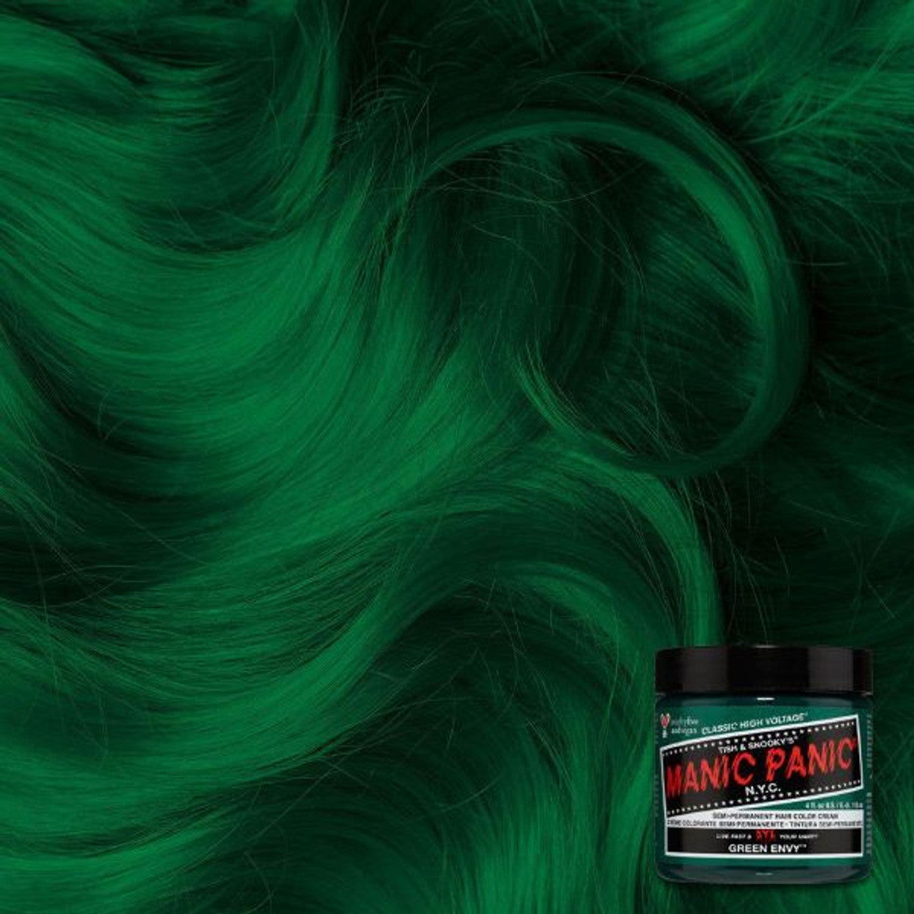 Manic Panic CLASSIC hair dye jar with vivid green hair strands