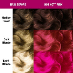 Hair color chart showing Hot Hot Pink over medium brown, dark blonde, light blonde