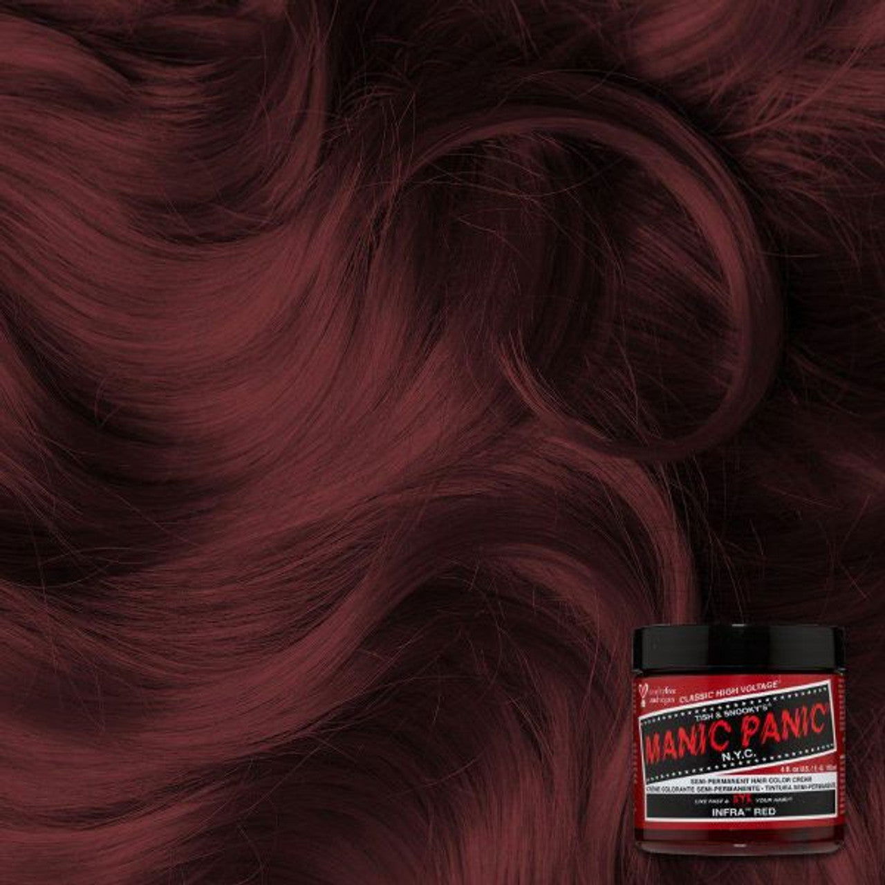 Manic Panic CLASSIC Formula hair dye jar in Infra Red; burgundy red hair swatches