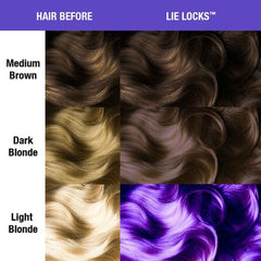 Purple hair dye swatches on medium brown, dark blonde, and light blonde hair