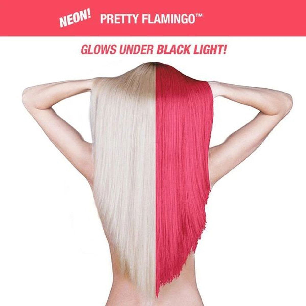 Two-tone hair dye on hair strands, blonde on one side and vivid pink-red on the other