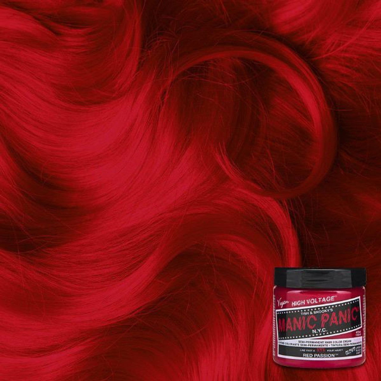 Hair dye jar with vivid red hair swatch