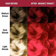 Hair before-and-after chart showing red dyed waves vs brown and blonde hair shades
