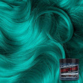 Teal-green hair dye jar with Manic Panic Sirens Song label