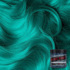 Teal-green hair dye jar with Manic Panic Sirens Song label