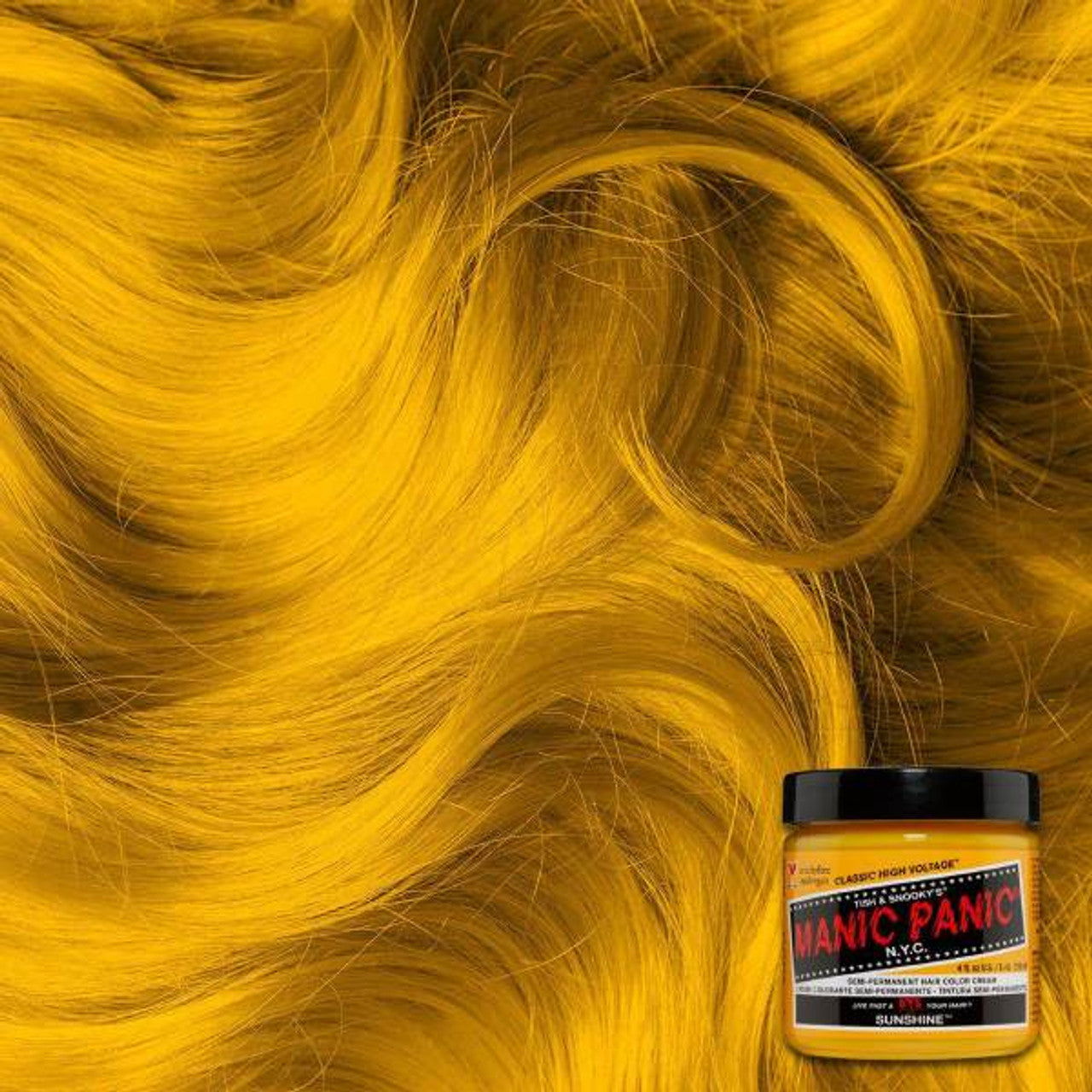 Manic Panic CLASSIC Formula hair dye jar with Sunshine yellow shade swatch