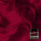 Hair dye jar, Manic Panic Classic Formula Vampire Red, red label and black cap.