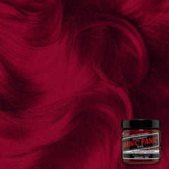 Hair dye jar, Manic Panic Classic Formula Vampire Red, red label and black cap.