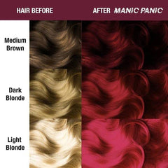 Hair dye color results on curls: before blonde, after deep red.