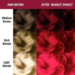 Before-and-after hair color swatches with Manic Panic Vampires Kiss in deep red.