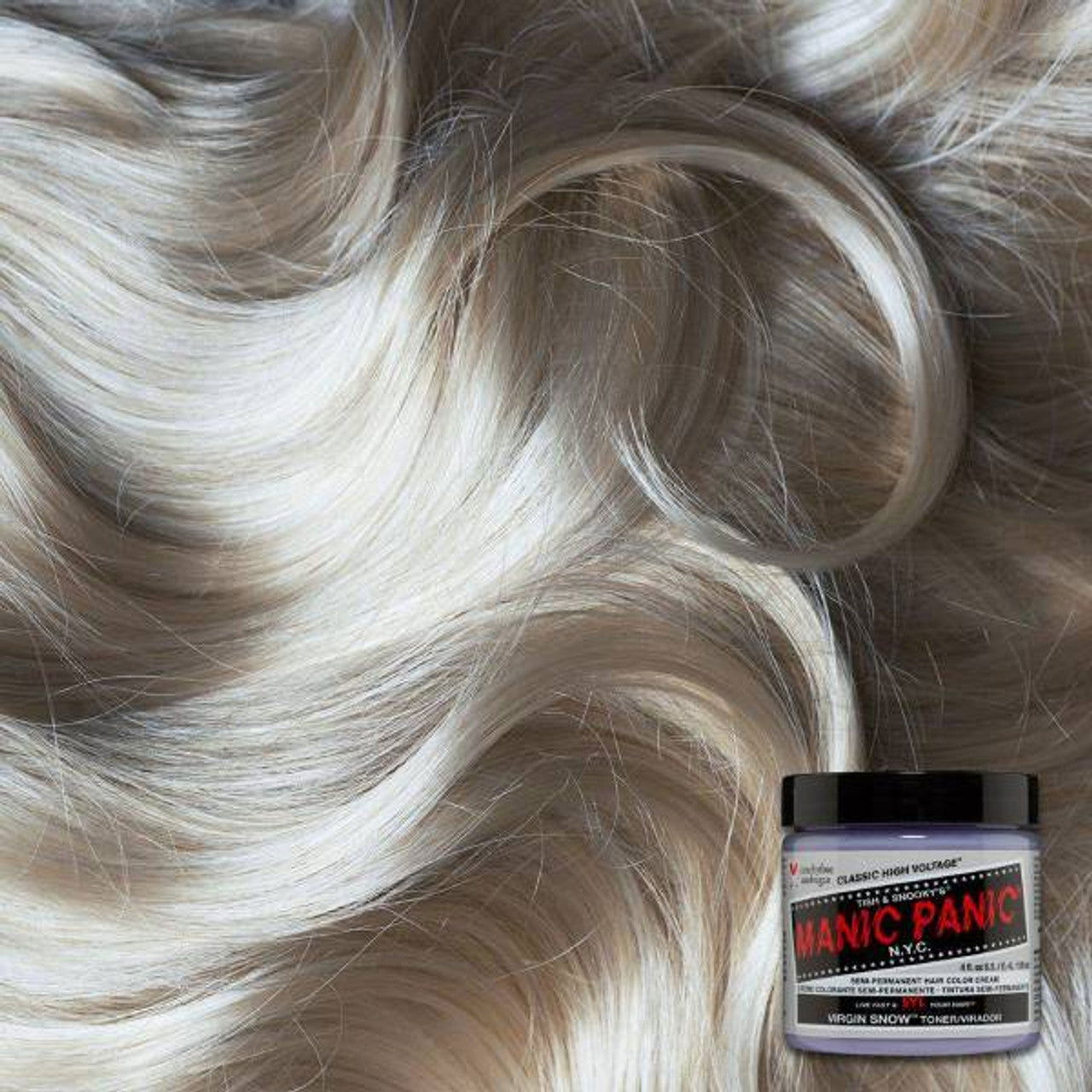 Manic Panic Classic hair dye jar with pale blonde hair strands