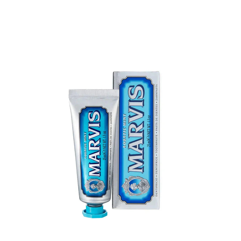 Marvis Aquatic Mint travel toothpaste tube with blue flip-top cap and matching box