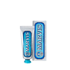 Marvis Aquatic Mint travel toothpaste tube with blue flip-top cap and matching box