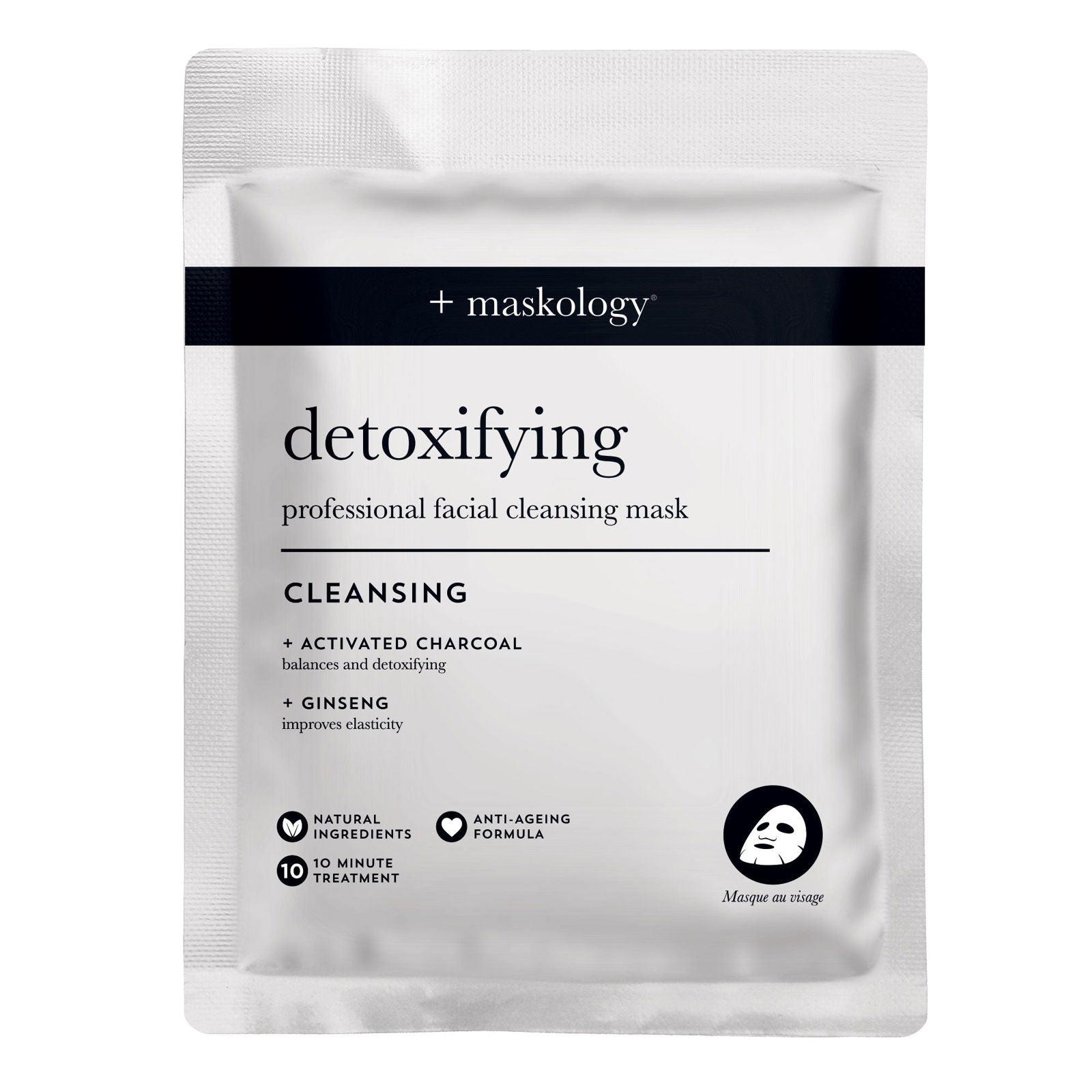 Detoxifying professional facial cleansing sheet mask in white foil pouch with charcoal text