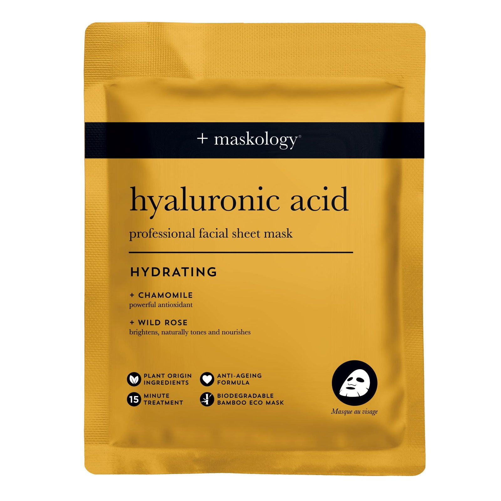 Hydrating hyaluronic acid sheet mask pouch with blue band, front view