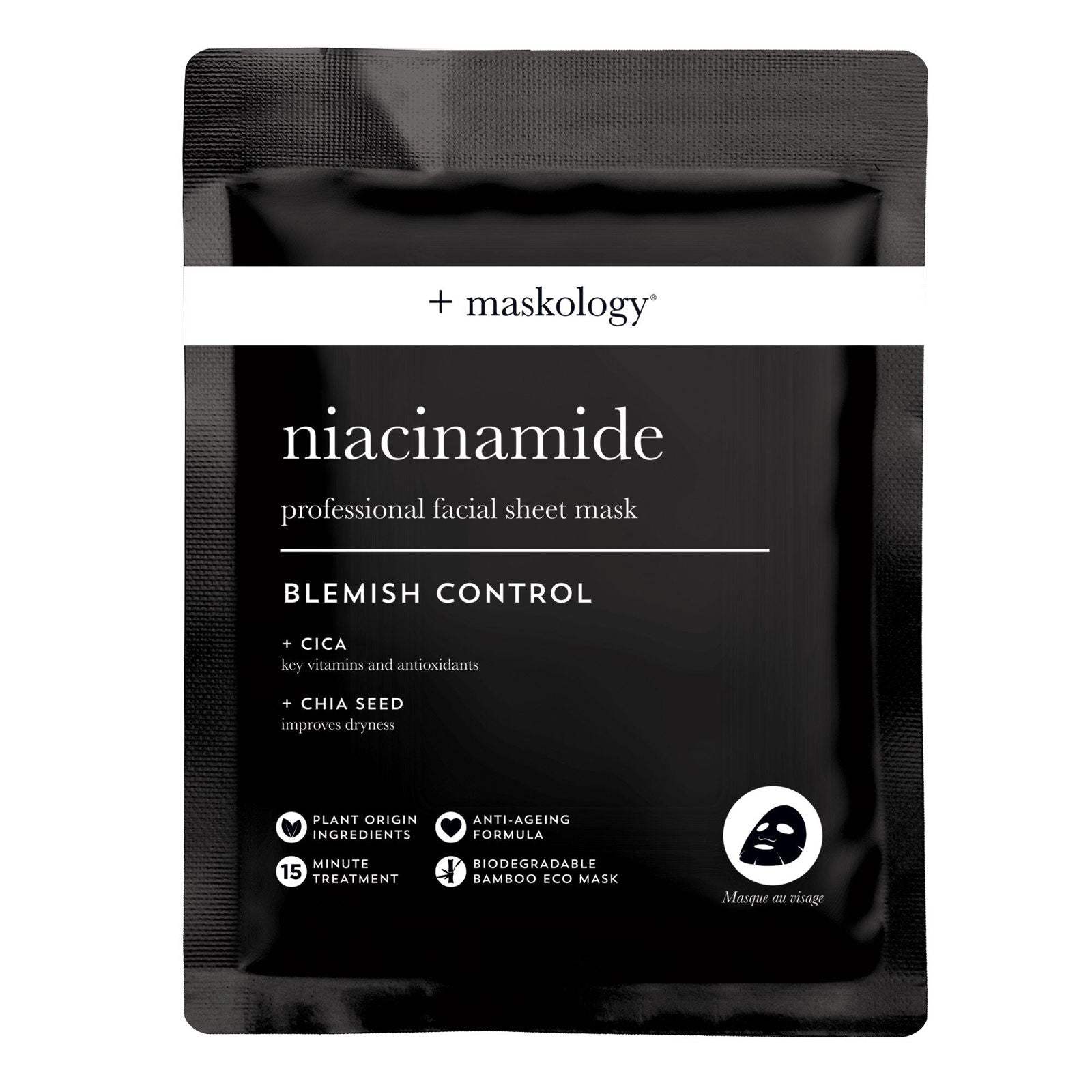 Maskology niacinamide professional facial sheet mask in black pouch, blemish control