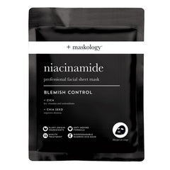 Maskology niacinamide professional facial sheet mask in black pouch, blemish control