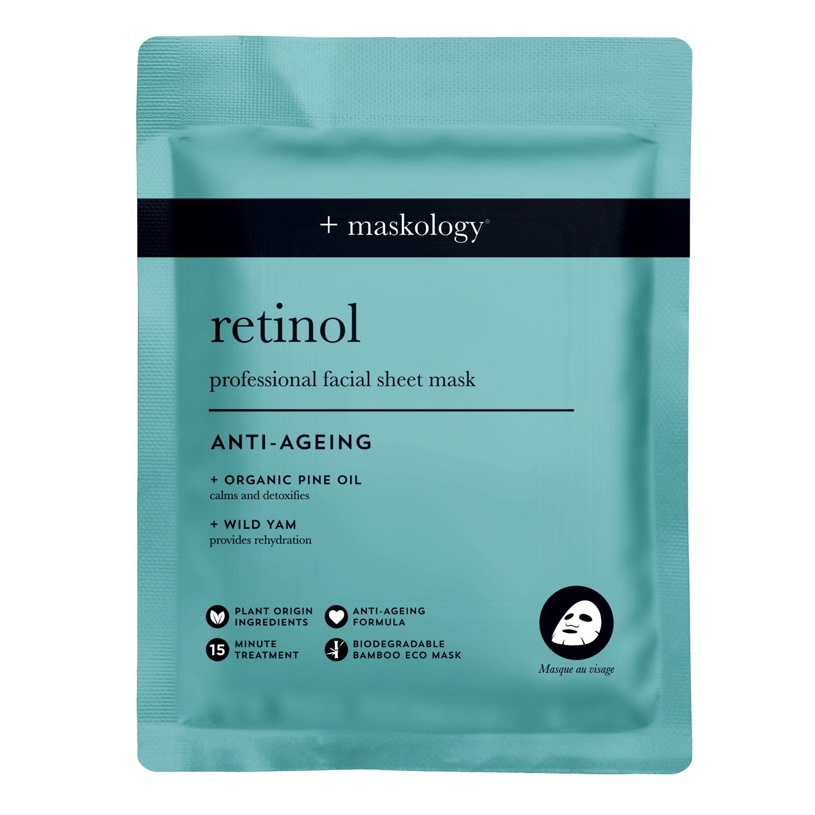 Retinol anti-ageing facial sheet mask pouch, maskology, teal