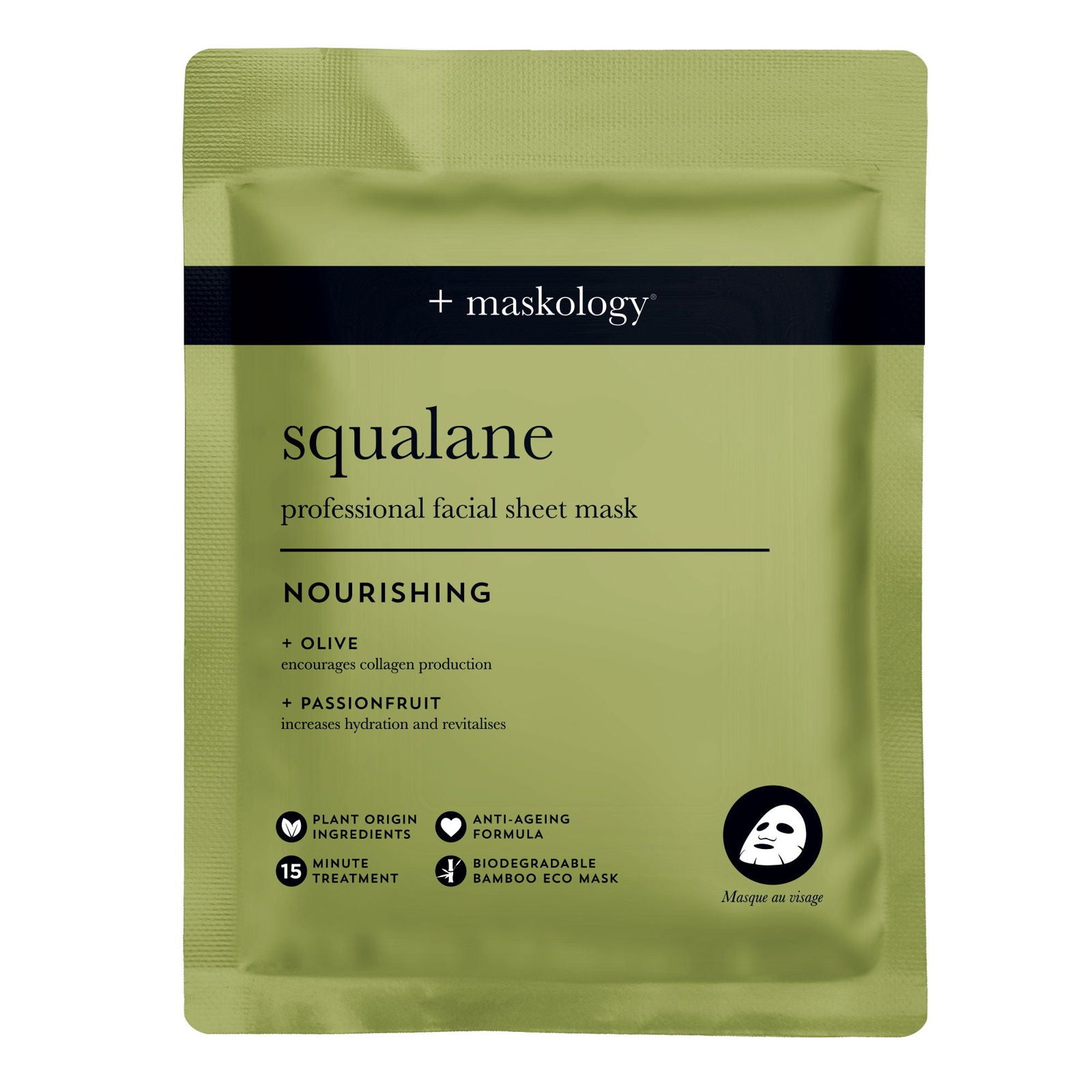 Squalane professional facial sheet mask pouch, nourishing formula with olive and passionfruit