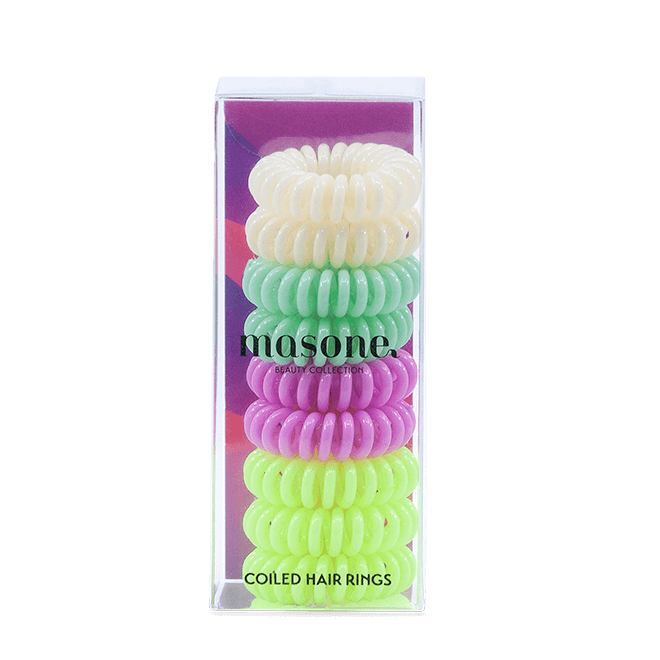 Fluro rainbow coiled hair rings, set of colorful green, purple, and white twists