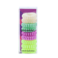 Fluro rainbow coiled hair rings, set of colorful green, purple, and white twists