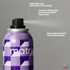 Matrix Builder Wax Spray bottle with purple geometric label and black spray cap