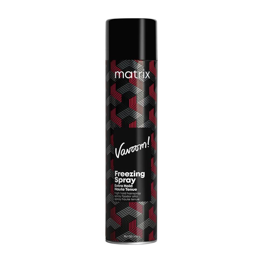 Hair freezing spray aerosol can, black cap, red geometric label with Matrix and Vavoom