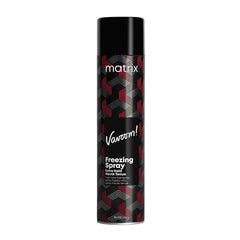 Hair freezing spray aerosol can, black cap, red geometric label with Matrix and Vavoom