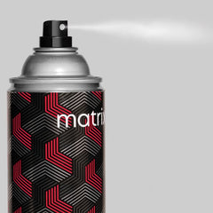 Hair freezing spray aerosol can with black cap and red-and-black geometric Matrix label