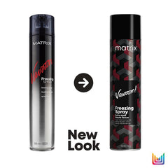 Two Matrix freezing spray aerosol cans, black caps, red-and-black geometric labels